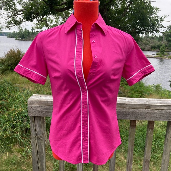 Vintage Y2K Alfred Sung Button Up Bowling Shirt Bright Pink Piping 90s does 60s - Picture 2 of 8